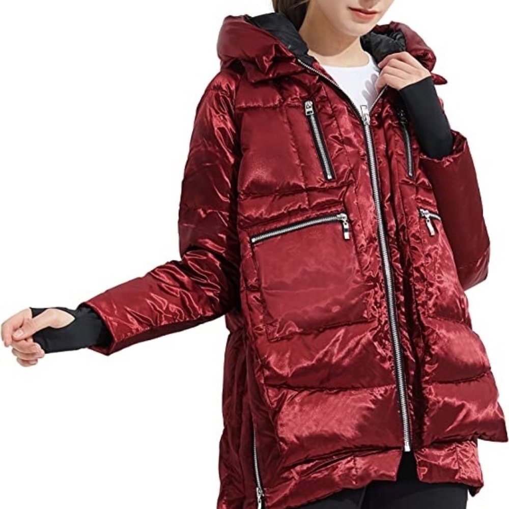 OROLAY Metallic Burgundy Down Hooded Jacket  2XS
